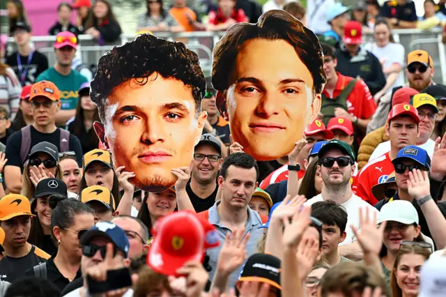 Fans hold up giant heads of Lando Norris and Oscar Piastri in Melbourne