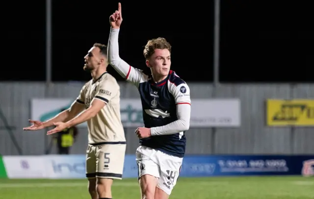 Finn Yeats celebrates after scoring Falkirk's second goal