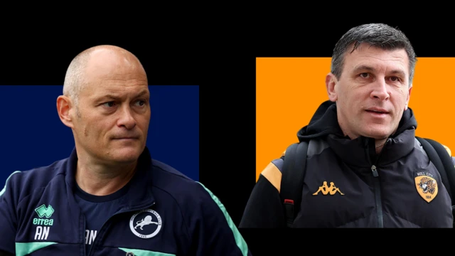 A side-by-side image of Millwall manager Alex Neil wearing a club tracksuit with a lion on it and Hull City boss Sergej Jakirovic wearing a hooded club top with a badge with a tiger on it