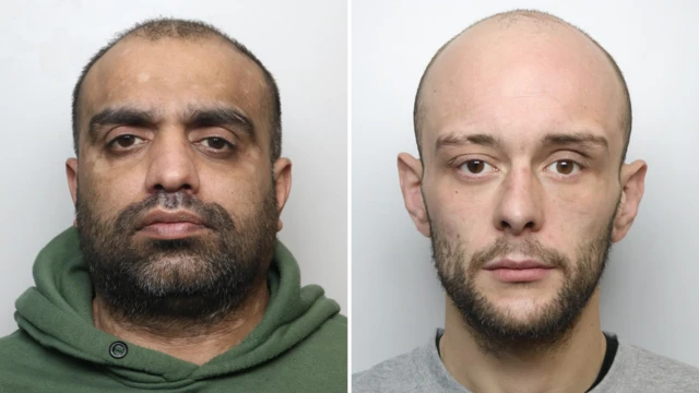 Mugshots of Sharaz Ali and Calum Sunderland. Ali has short dark hair and a dark beard. Sunderland is bald with a dark beard.