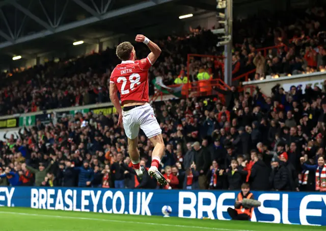 Sam Smith of Wrexham celebrates scoring