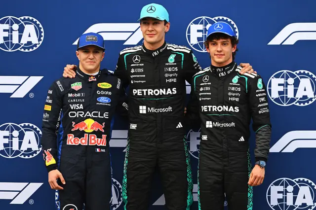 Isack Hadjar, George Russell and Kimi Antonelli pose for the top three photo