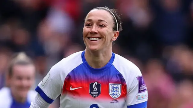 Lucy Bronze of England celebrates after scoring a goal to make it 1-0 during the 2027 FIFA Women's World Cup Qualifier between England and Iceland at City Ground on March 7, 2026 in Nottingham.