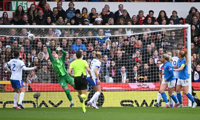 Hannah Hampton of England makes a save during the 2027 FIFA Women's World Cup Qualifier between England and Iceland at City Ground on March 07, 2026 in Nottingham.