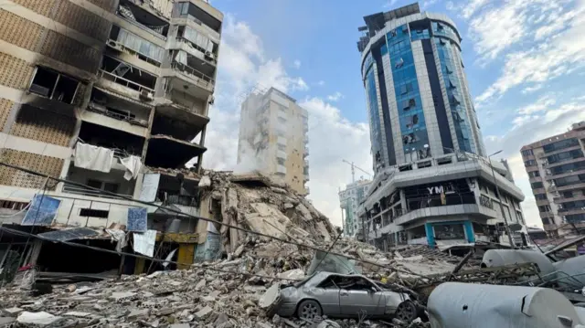 Rubble lies after an Israeli strike on Beirut's southern suburbs