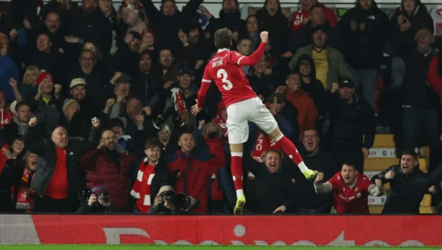 Wrexham's Lewis Brunt celebrates scoring a goal that was later disallowed