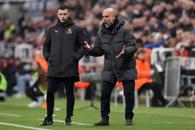 Pep Guardiola, Manager of Manchester City, reacts