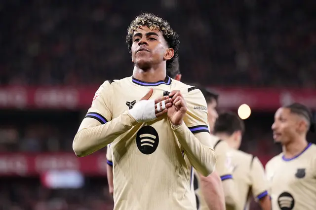 Lamine Yamal of FC Barcelona celebrates scoring