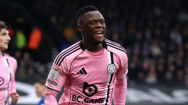 Patson Daka celebrates is goal for Leicester at Ipswich