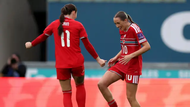 Mared Griffiths celebrates her goal with Hannah Cain