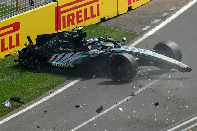 Kimi Antonelli's Mercedes is wrecked after he crashed in third practice