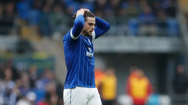 Ollie Tanner of Cardiff City reacts after coming close to scoring a goal