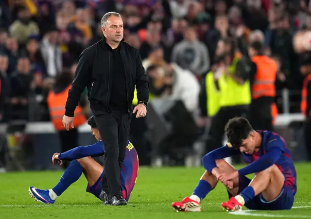 Hansi Flick, Head Coach of FC Barcelona, looks on after the Copa Del Rey Semi Final Second Leg