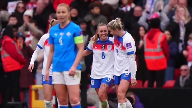 Georgia Stanway (second right) celebrates with team-mate Alessia Russo after scoring their side's second goal