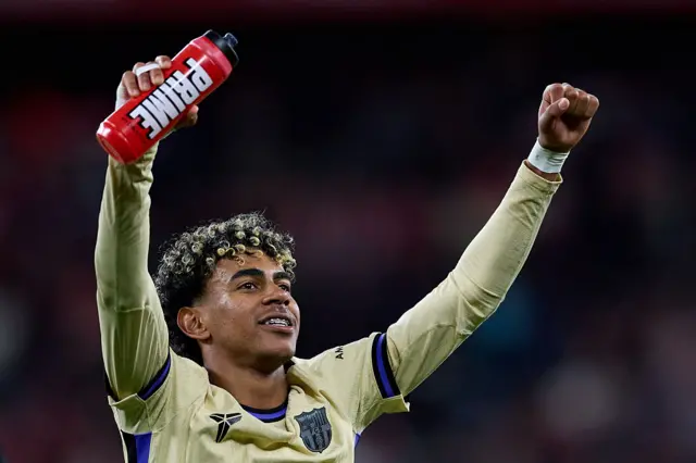 Lamine Yamal of FC Barcelona celebrates the victory