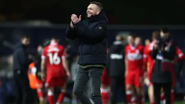 Kim Hellberg claps the Middlesbrough fans at full-time
