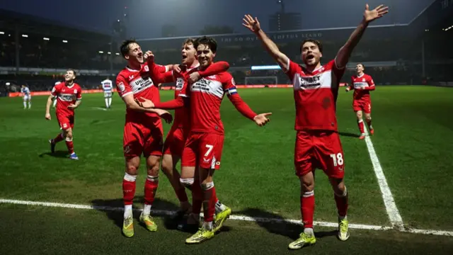 Boro players celebrate Hayden Hackney's goal at QPR