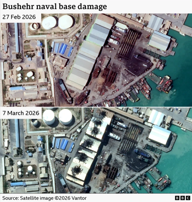 A satellite image shows before and after images of damage in Iran.