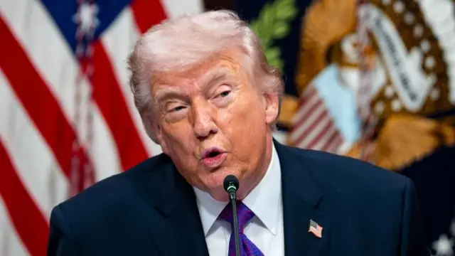 US President Donald Trump speaks during a roundtable on a ratepayer protection pledge in the Indian Treaty Room of the Eisenhower Executive Office Building. The US and Presidenial flag lay behind him