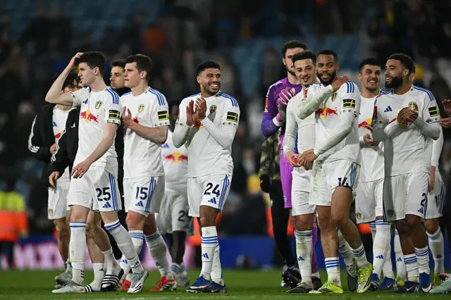 Leeds players celebrate on the pitch