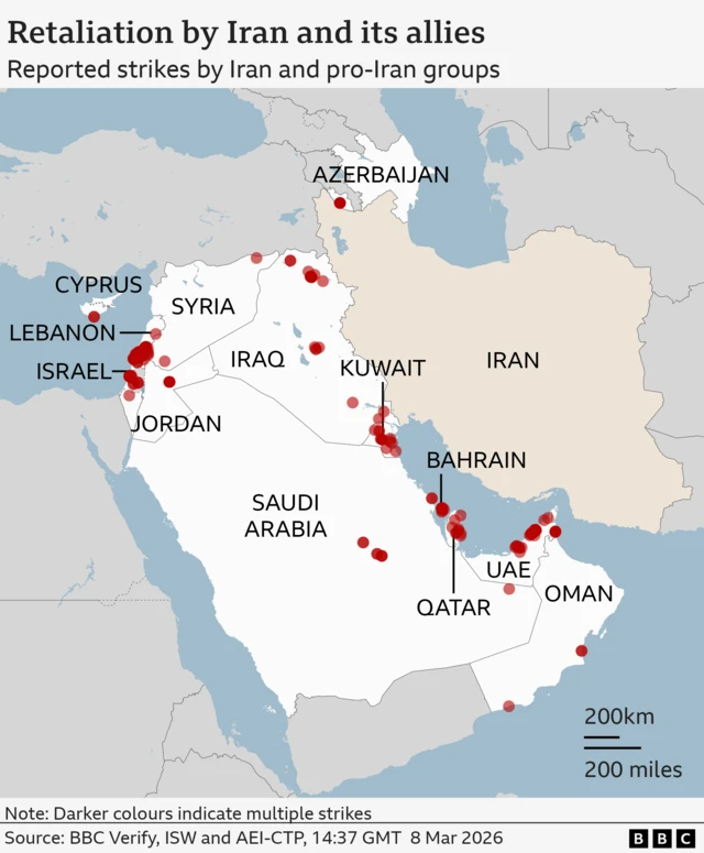 A regional map highlighting Iran in white with its name in black. Countries that have come under fire from Iran are labelled - Israel, Cyprus, Lebanon, Iraq, Kuwait, Jordan, Bahrain, Qatar, UAE, Oman, Saudi Arabia, Azerbaijan. Surrounding countries are grey.