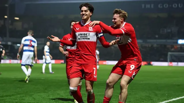 Hayden Hackney celebrates in front of the Middlesbrough fans