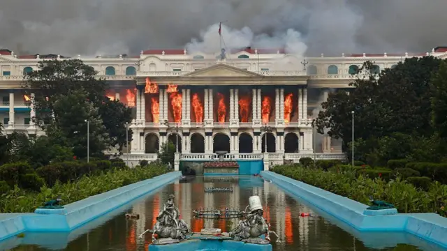 Burning Nepal parliament building during the 2025 Gen Z protests