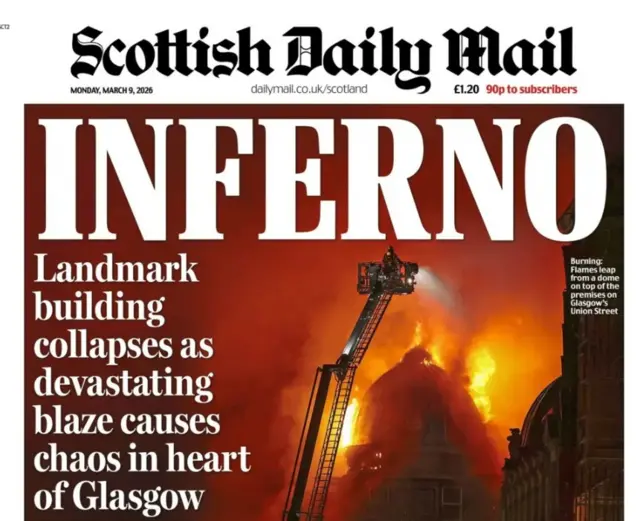 Front page of the Daily Mail showing the building in heart of Glasgow on fire