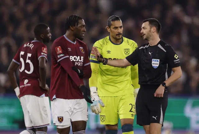 West Ham players appeal to the referee
