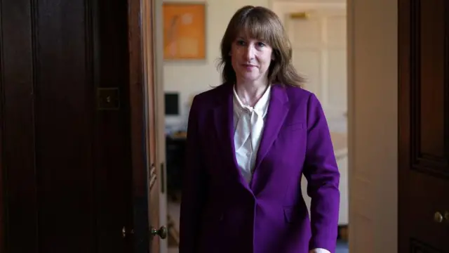 UK Chancellor Rachel Reeves wearing a purple blazer as she attends an emergency meeting of G7 finance ministers. Reeves joined the meeting remotely.