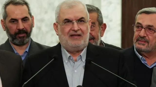 Hezbollah lawmaker Mohammad Raad speaks after meeting with Lebanese President Joseph Aoun at the presidential palace in Baabda, Lebanon, January 13, 2025.