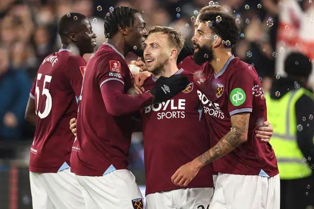 Bowen is mobbed by teammates after his goal