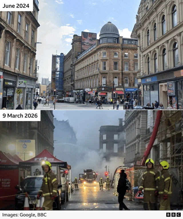 Before and after shots of Union Corner in Glasgow, with firefighters still working