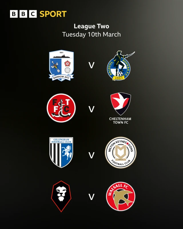 The League Two fixtures listed using the clubs' badges