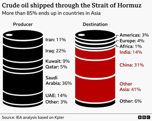 Infographic showing where crude oil shipped through the Strait of Hormuz is produced and its destination. It shows two vertical oil barrels. The left barrel lists producers and their shares: Saudi Arabia 36%, Iraq 22%, Iran 11%, Kuwait 9%, UAE 14%, Qatar 5%, and other 3%. The right barrel lists destinations and their shares: China 31%, India 14%, Other Asia 41%, Europe 4%, Americas 3%, Other 6%, and Africa 1%. Source: IEA analysis based on Kpler