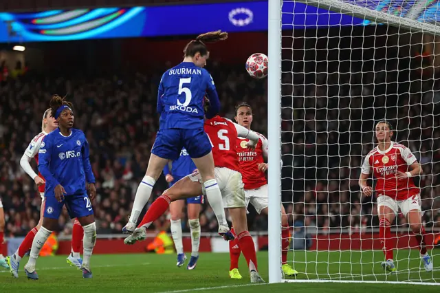Buurman is adjudged to have fouled Codina as she heads in for a Chelsea goal