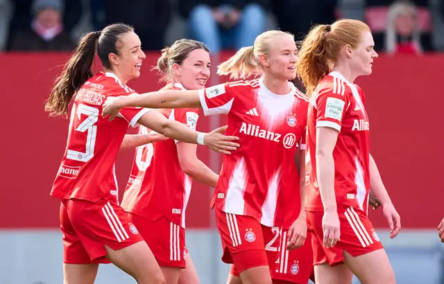 Natalia Padilla-Bidas of Bayern München celebrates her 2-0 goal with Pernille Harder