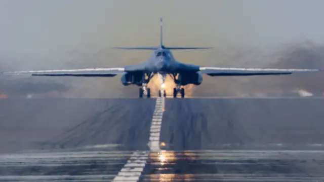 A USAF B-1 bomber is parked at RAF Fairford airbase, used by United States Air Force (USAF) personnel, amid the U.S.–Israeli conflict with Iran, in Fairford, Gloucestershire, Britain, March 22,
