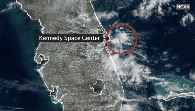 A satellite image showing Florida with the launch site highlighted on the east coast - it's currently covered with patches of light cloud