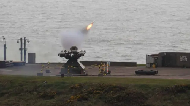 This picture from 2024 shows a Rapid Sentry air defence system being fired at the Air Defence Range in Manorbier, Pembrokeshire