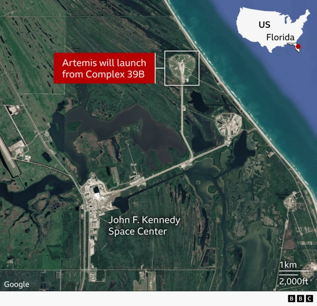 A satellite map of Florida’s east coast showing the John F. Kennedy Space Center and surrounding wetlands. A white box highlights Launch Complex 39B near the shoreline, with a red label stating “Artemis will launch from Complex 39B.” A small inset map of the United States marks Florida’s location. Scale markers for 1 km and 2,000 ft appear in the lower right corner.