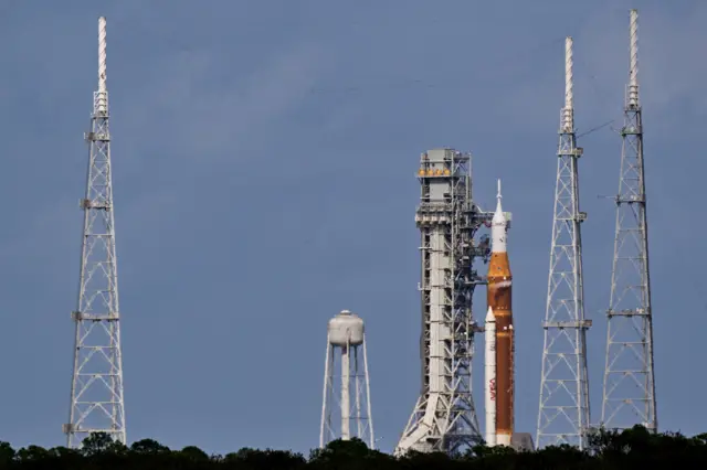 The Artemis II Space Launch System (SLS) rocket and Orion spacecraft at Launch Complex 39B ahead of the mission launch at the Kennedy Space Center in Cape Canavera