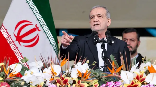Iranian President Masoud Pezeshkian speaks during the 47th anniversary of the Islamic Revolution in Tehran, Iran, February 11, 2026.