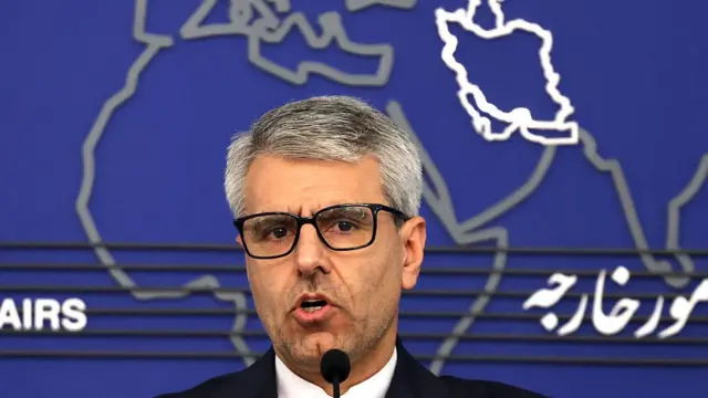 Esmaeil Baqaei wears glasses and speaks into a microphone with a screen with a map and English and Arabic writing on it behind him