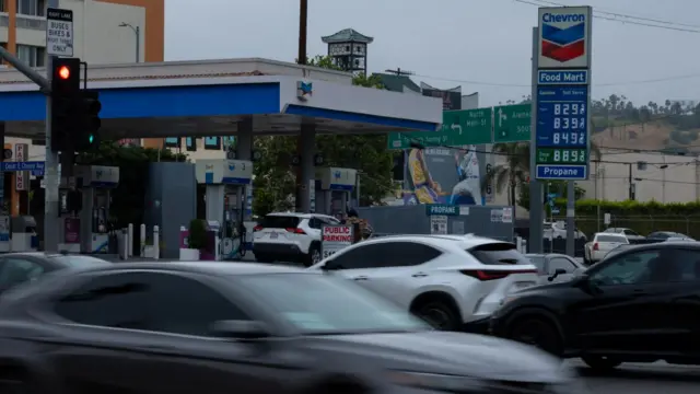 High prices for gasoline and diesel no. 2 at a gas station in downtown Los Angeles, California, US, March 31, 2026.