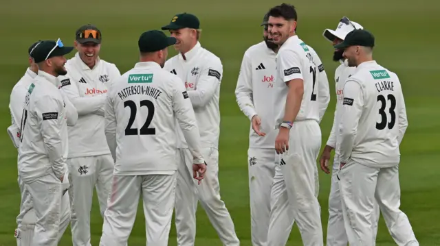 Josh Tongue of Nottinghamshire celebrates taking a wicket
