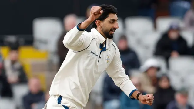 Shoaib Bashir celebrates a wicket for Derbyshire at Lancashire