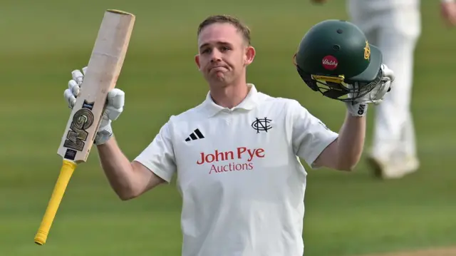 Jack Haynes raises his bat for Notts