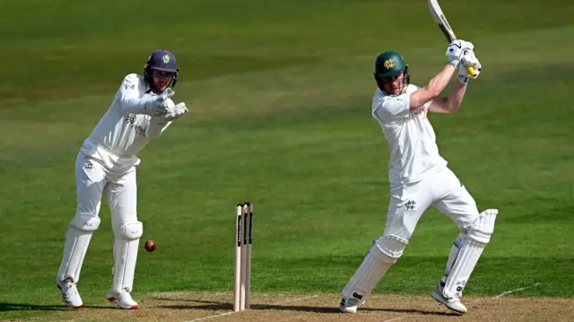 Jack Haynes hits a shot while batting for Notts against Glamorgan