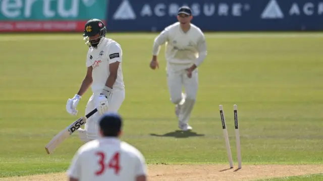 Haseeb Hameed looks forlorn with one of his stumps missing and the bails absent
